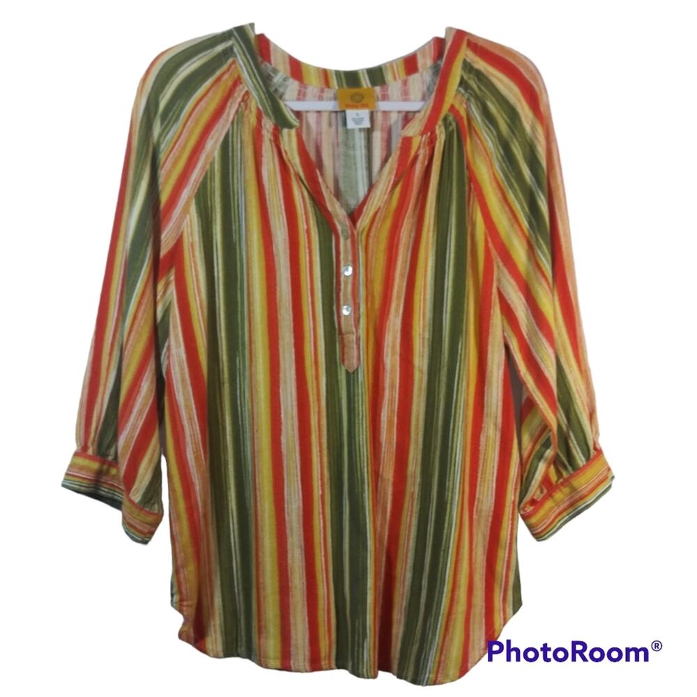 Ruby Rd Women's Batik Chic Watercolor Striped Linen Buttoned Henley Top Size S